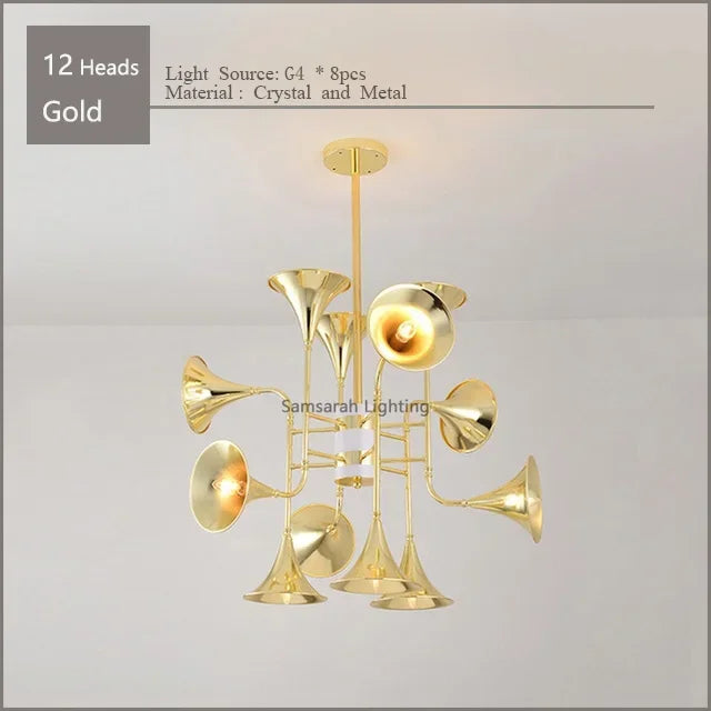 lustre trompette dorée à plusieurs têtes design moderne