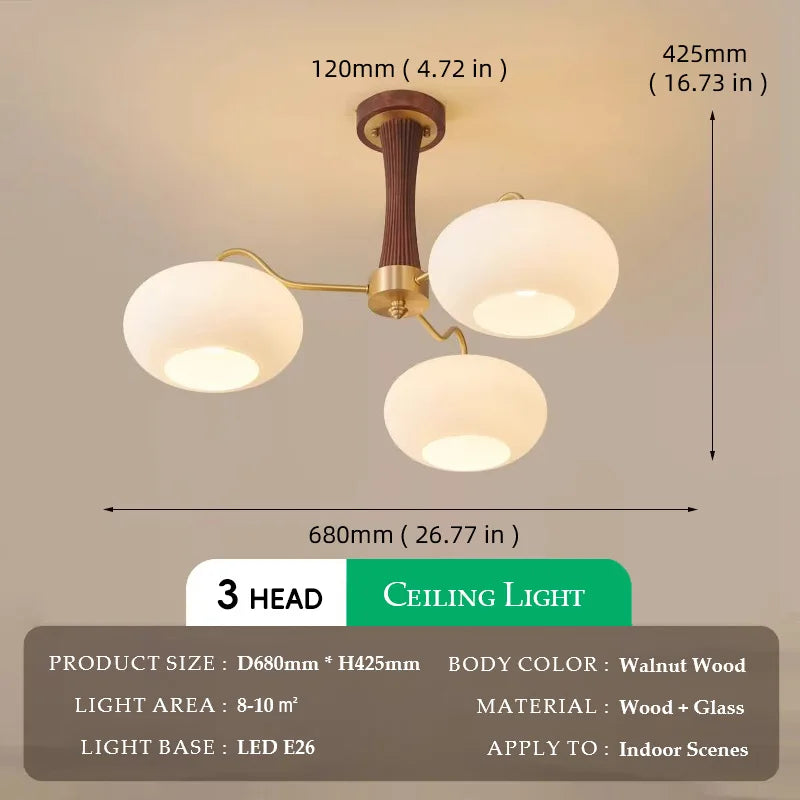 Walnut Wood Glass Brass, Wabi-sabi Modern Vintage style, chandelier lights for Living room, Bedroom, dining room, study