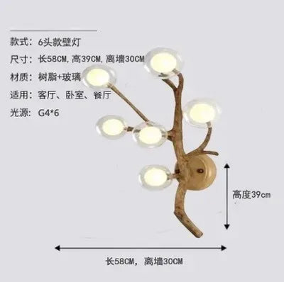 lustre rétro en forme de branche d'arbre en bois et verre