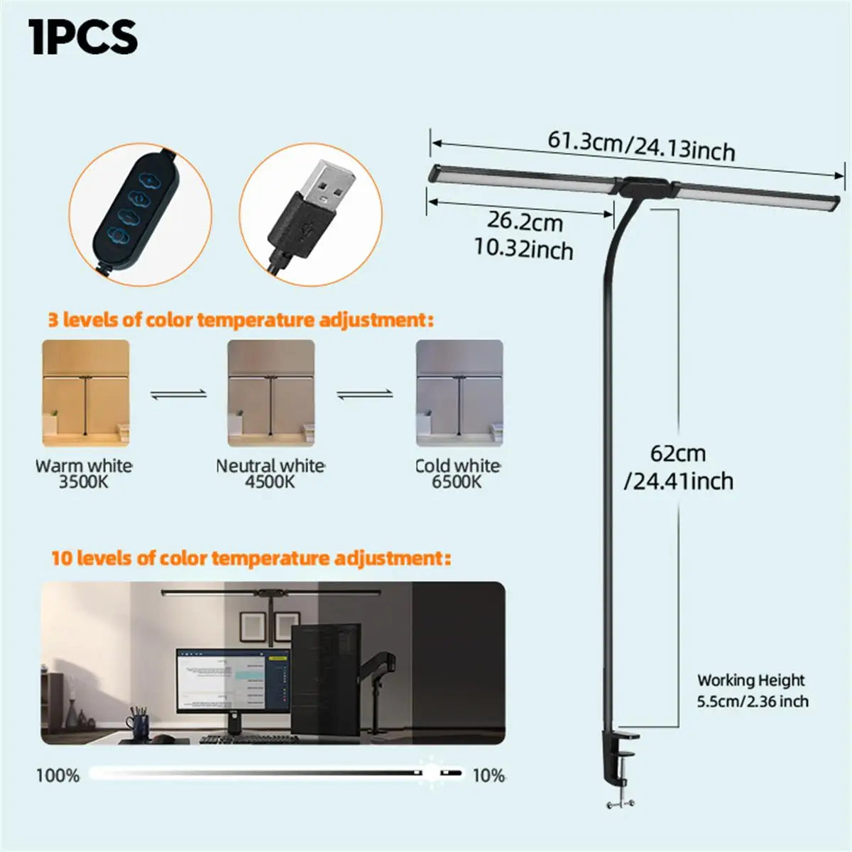 lampe de bureau à double tête à pince led adjustable