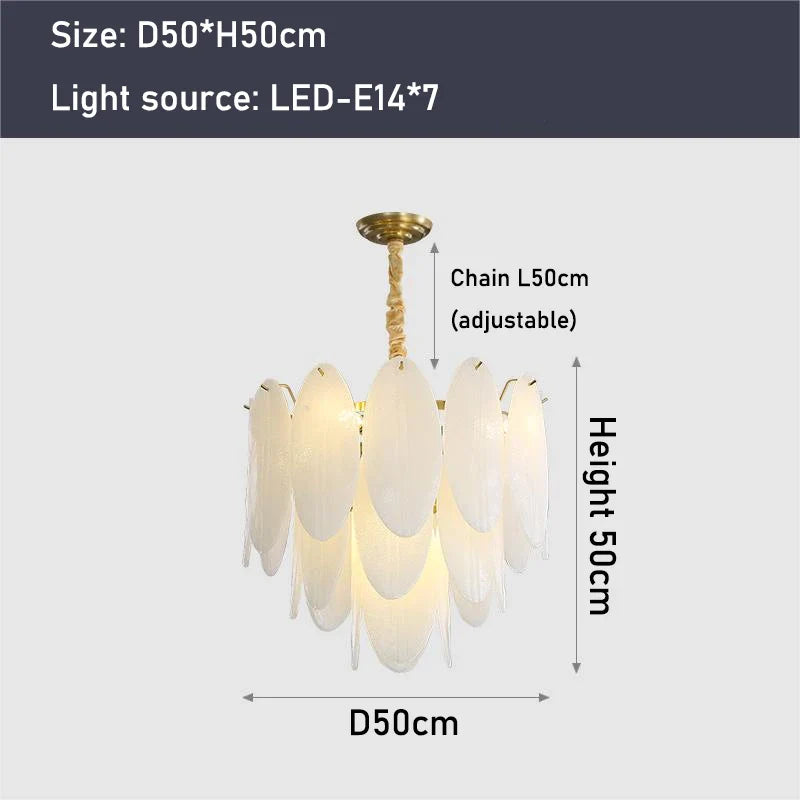 lustre moderne en verre avec plumes et éclairage led