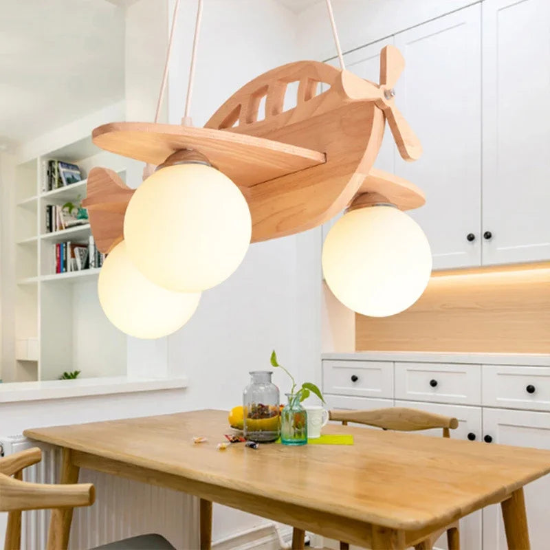 lustre en bois avion pour chambre d'enfant à led