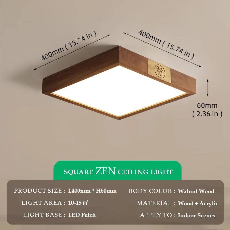 Walnut Wood Square Zen, Wabi-sabi Modern Vintage style, Ceiling light for Living Room, Bedroom, dining Room, Study Room