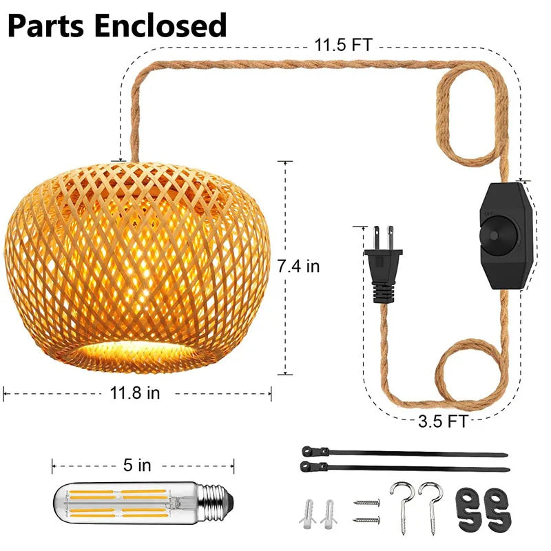 suspension antique en corde de chanvre et bambou tissé à intensité variable