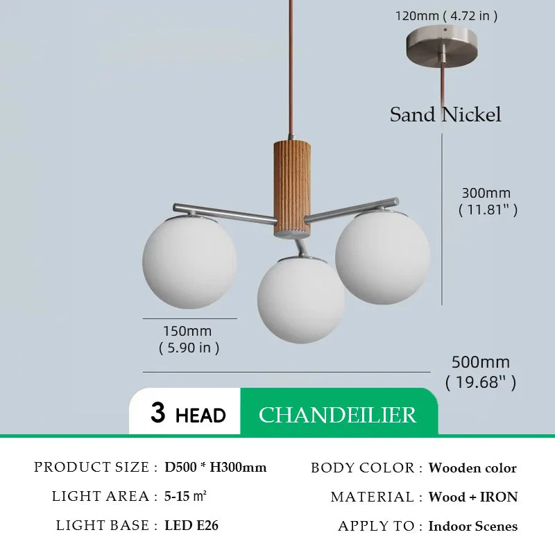 Walnut Wood Brass Round Glass, Wabi-sabi Modern Simple style, Chandelier light for Living room, Bedroom, Dining room, Study