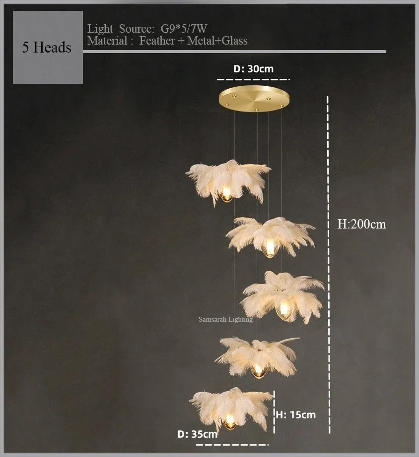 2024Staircase Feather Chandelier Ostrich Glass Design Pendant Chandelier Lighting Home Decor Suspend Lustre Fixtures