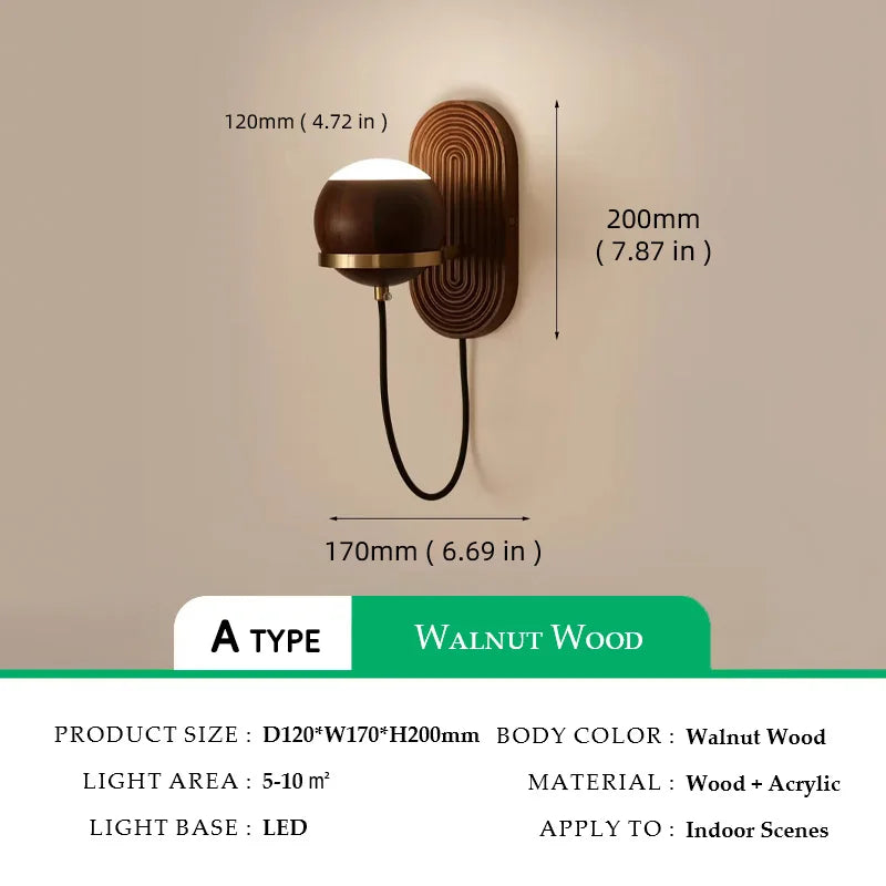 Walnut Wood Circular Sphere, Wabi-sabi minimalist Modern style, Wall Sconce light for Bedroom, Bedside, Living, Dining Room