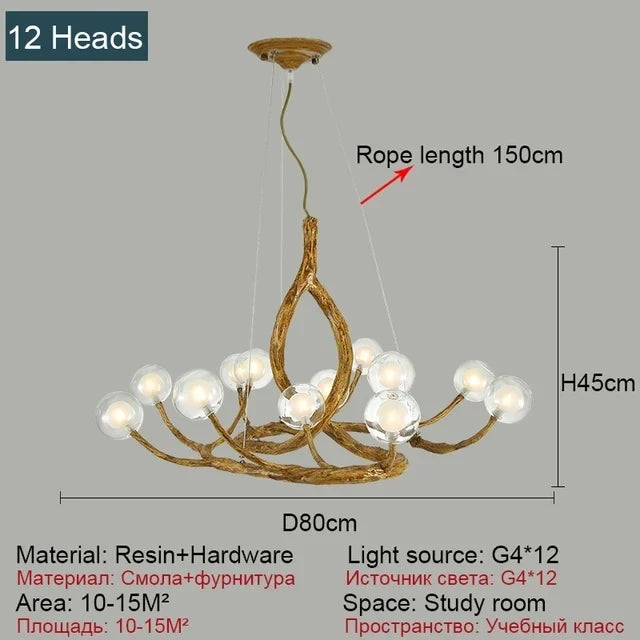 lustre nordique en résine imitation branche avec boule de verre