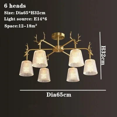 lustre en verre rétro à têtes multiples en cuivre design élégant
