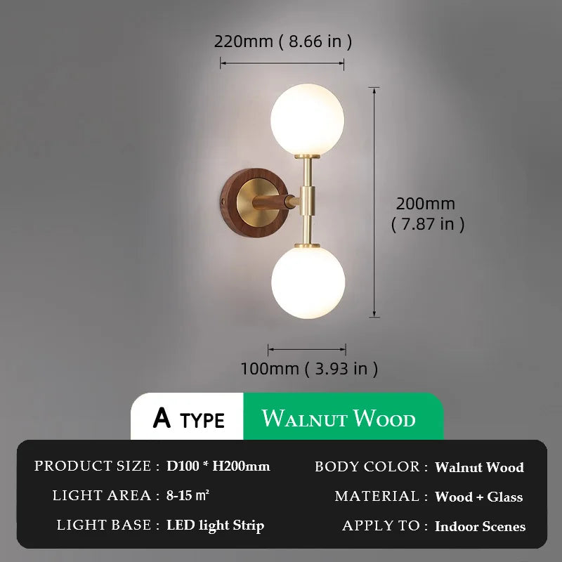 Walnut Wood Glass Sphere Brass, Wabi-sabi Simple Modern Vintage style, Wall Sconce lighting for Bedroom, Bedside, Dining Room