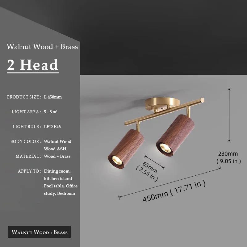Walnut Wood Brass Spotlight Ceiling Light Fixture, Living Room Light for Dining Room, Kitchen Island, Corridor aisle, bedroom