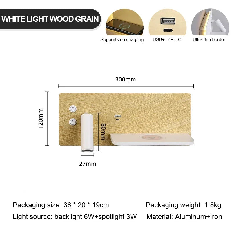 USB LED charge sans fil applique murale or luxe lecture applique murale maison hôtel chambre salon multi-fonction avec interrupteur