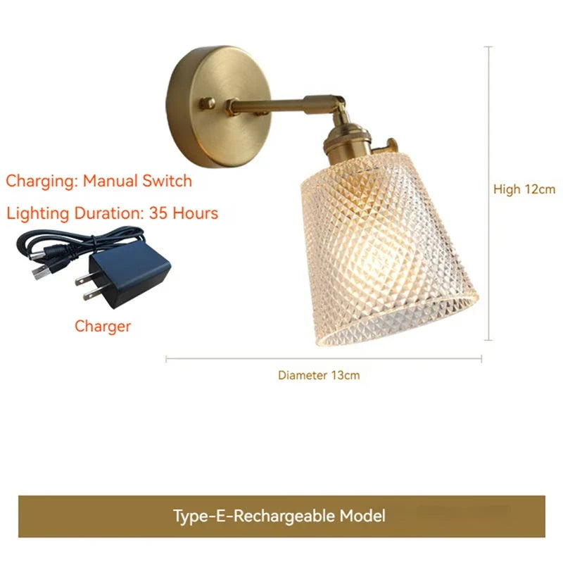 applique murale led scandinave en verre et laiton avec interrupteur à batterie