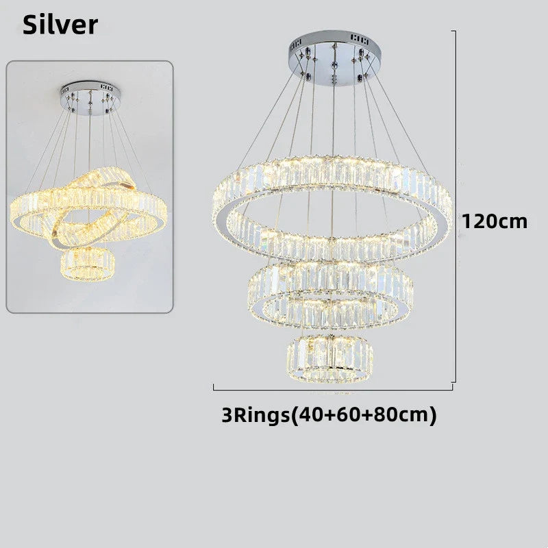 lustre moderne en cristal avec anneaux réglables pour décoration intérieure
