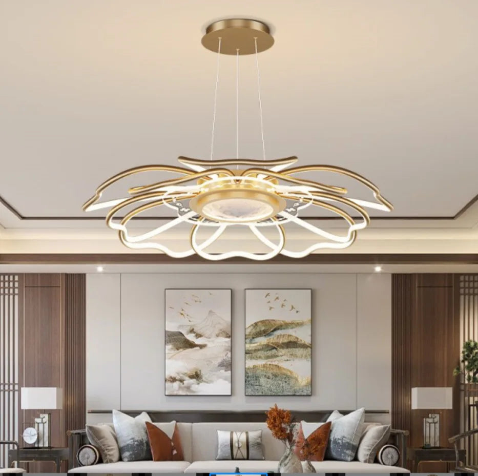 2023 Modern LED Chandelier Fixtures New Chinese Style Ceiling Fan Simple Rose Gold Living Room Chandelier