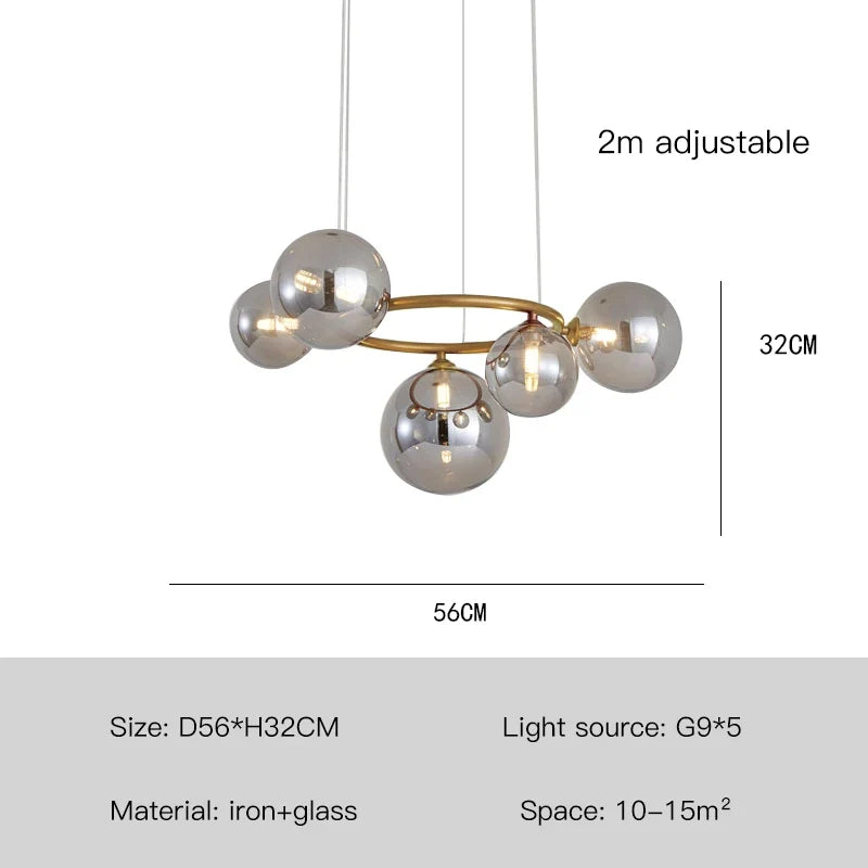 lustre design boule de verre et barre ronde métallique