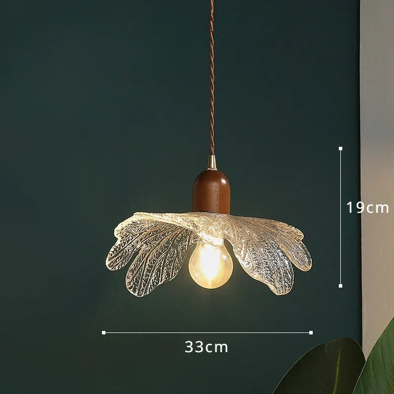 suspension lotus en noyer laiton et verre rétro