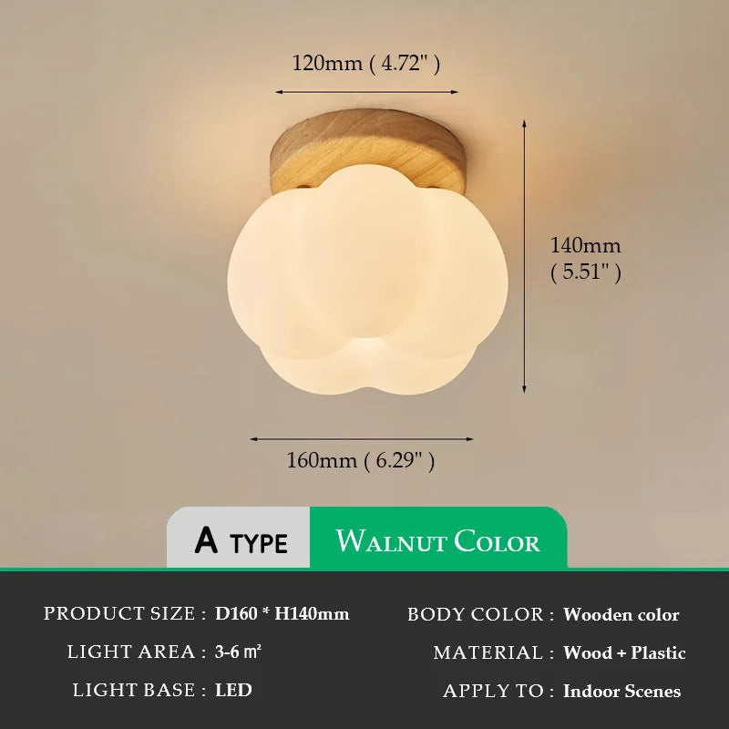 Walnut Wood Roll Molded Pumpkin, Wabi Sabi Modern, Flush Ceiling light fixture for Entrance Hall, Corridor, Balcony, Entrance