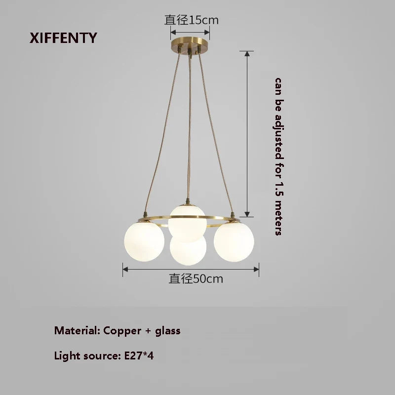 lustre 4 ampoules en verre et cuivre design nordique suspendu