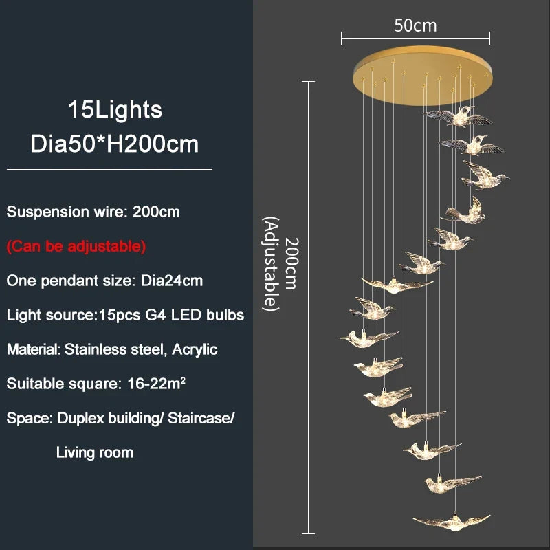 YOULAIKE oiseau design led lustre pour escalier de luxe salon suspendu luminaire couloir longue spirale acrylique lampes