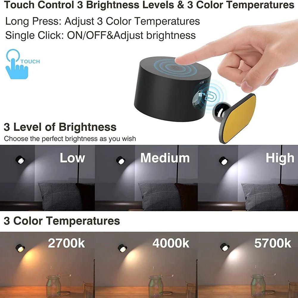 applique murale led rechargeable usb rotation 360° boule magnétique dimmable tactile