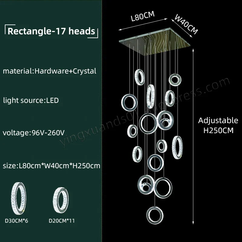 Modern LED Crystal Chandelier Nordic Ring Hanging Lights for Living Room, Hanging Lamps Fixtures Staircase Lighting Pendant Lamp