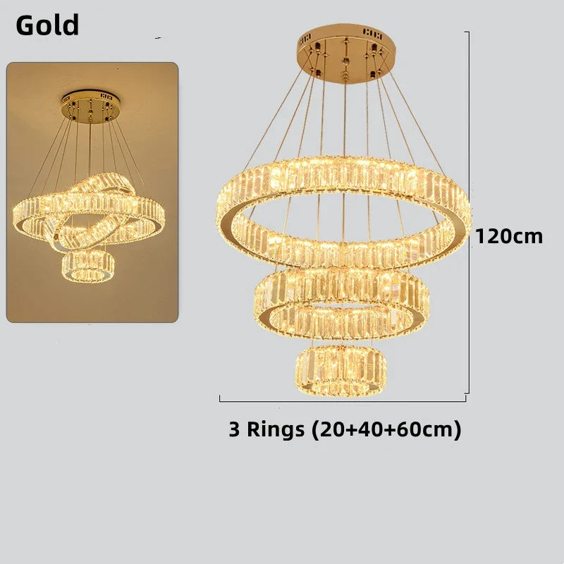 lustre moderne en cristal avec anneaux réglables pour décoration intérieure