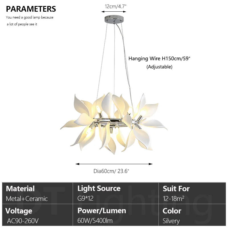 lustre carré en céramique avec pétales de fleurs suspendu