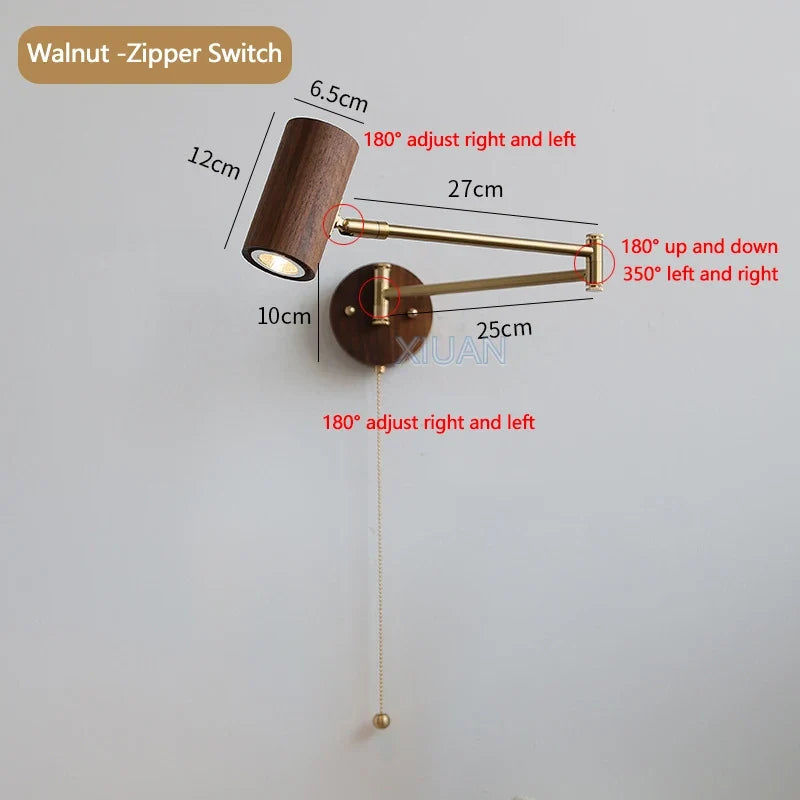 applique murale wabi-sabi à bras long pivotant avec interrupteur
