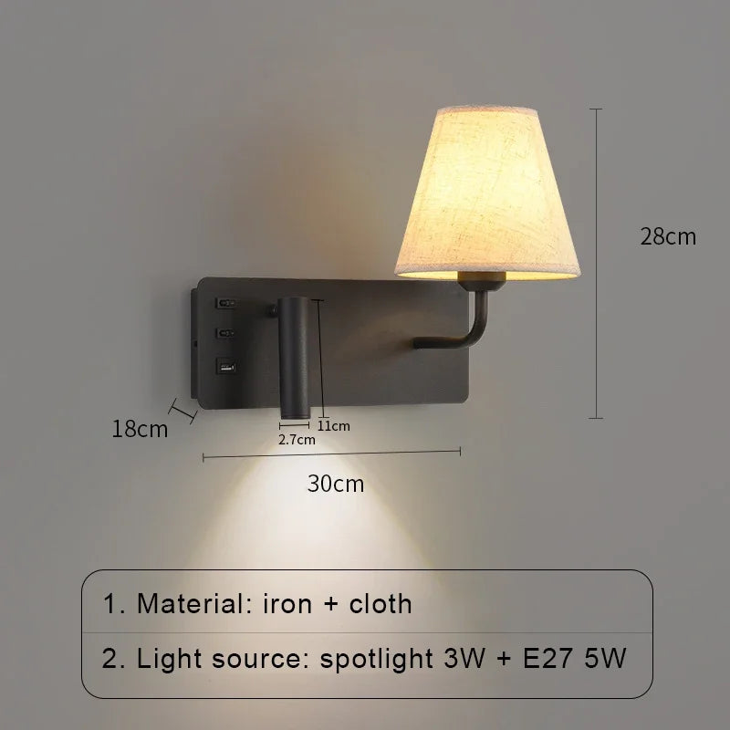 applique murale led nordique moderne avec interrupteur usb pour hôtel