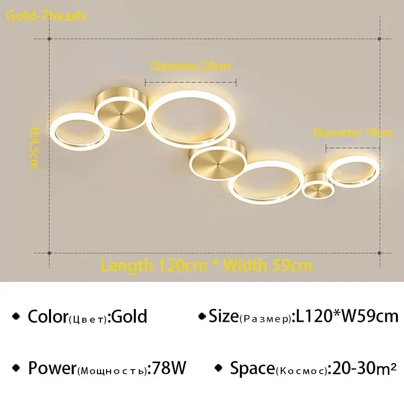 Plafond moderne à LEDs lustre en aluminium Simple plafonnier pour salon chambre salle à manger cercle anneaux plafonnier doré