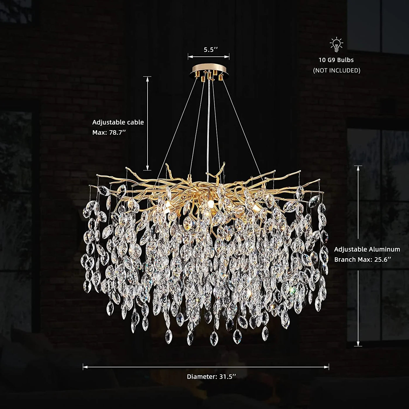lustre en cristal de luxe avec branches led pour intérieur moderne