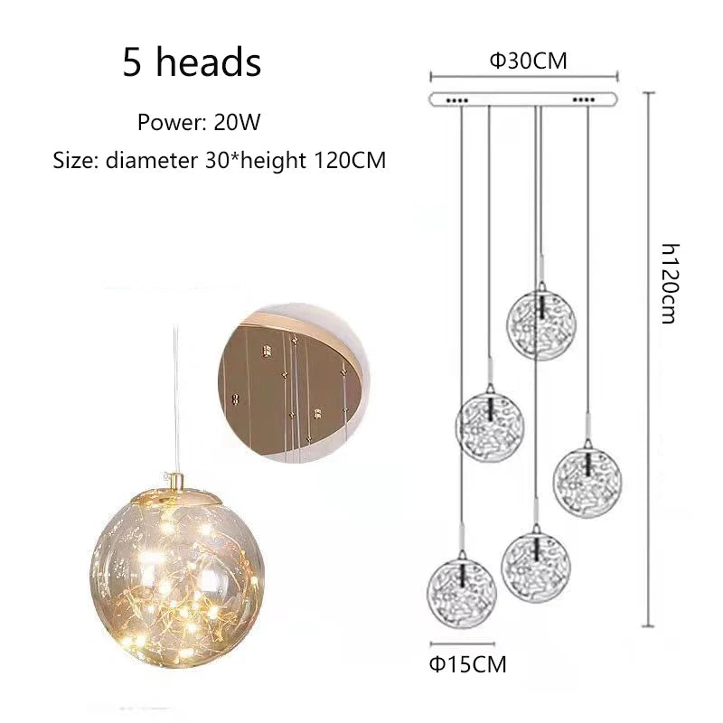 lustre moderne en colimaçon avec éclairage led et boule de cristal