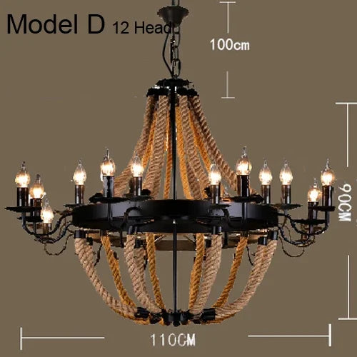 Vintage Hemp Rope Pendant Lamps Iron Lampshade Retro Coffee House Bar Indoor Lightings E27 Industrial Style Chain Pendant Light