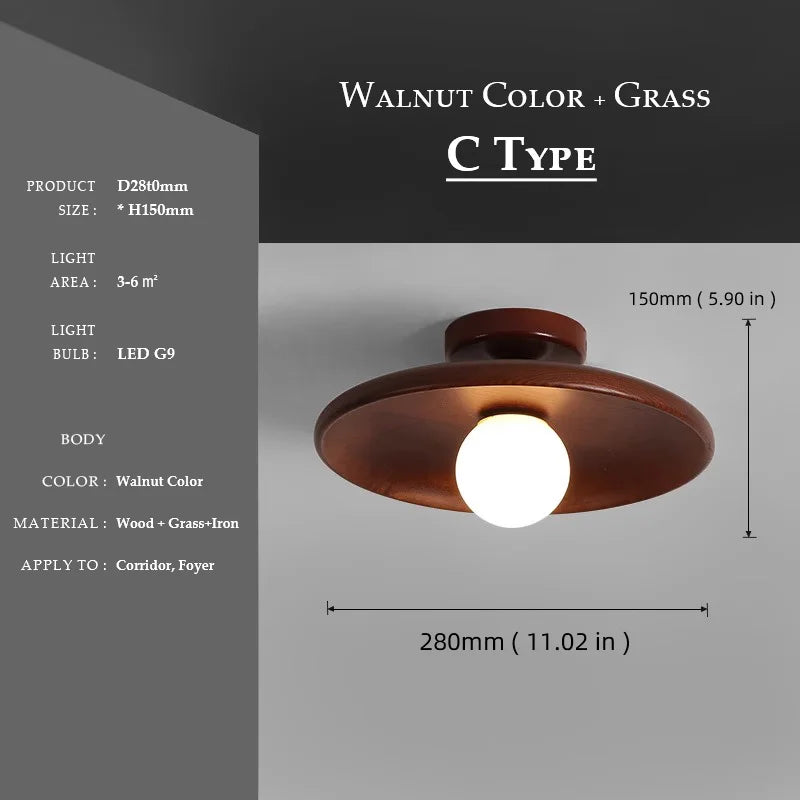 Walnut wood Brass lighting, Modern Minimalism Wabi-sabi Style, Ceiling light for Porch, Entrance, Corridor, Balcony