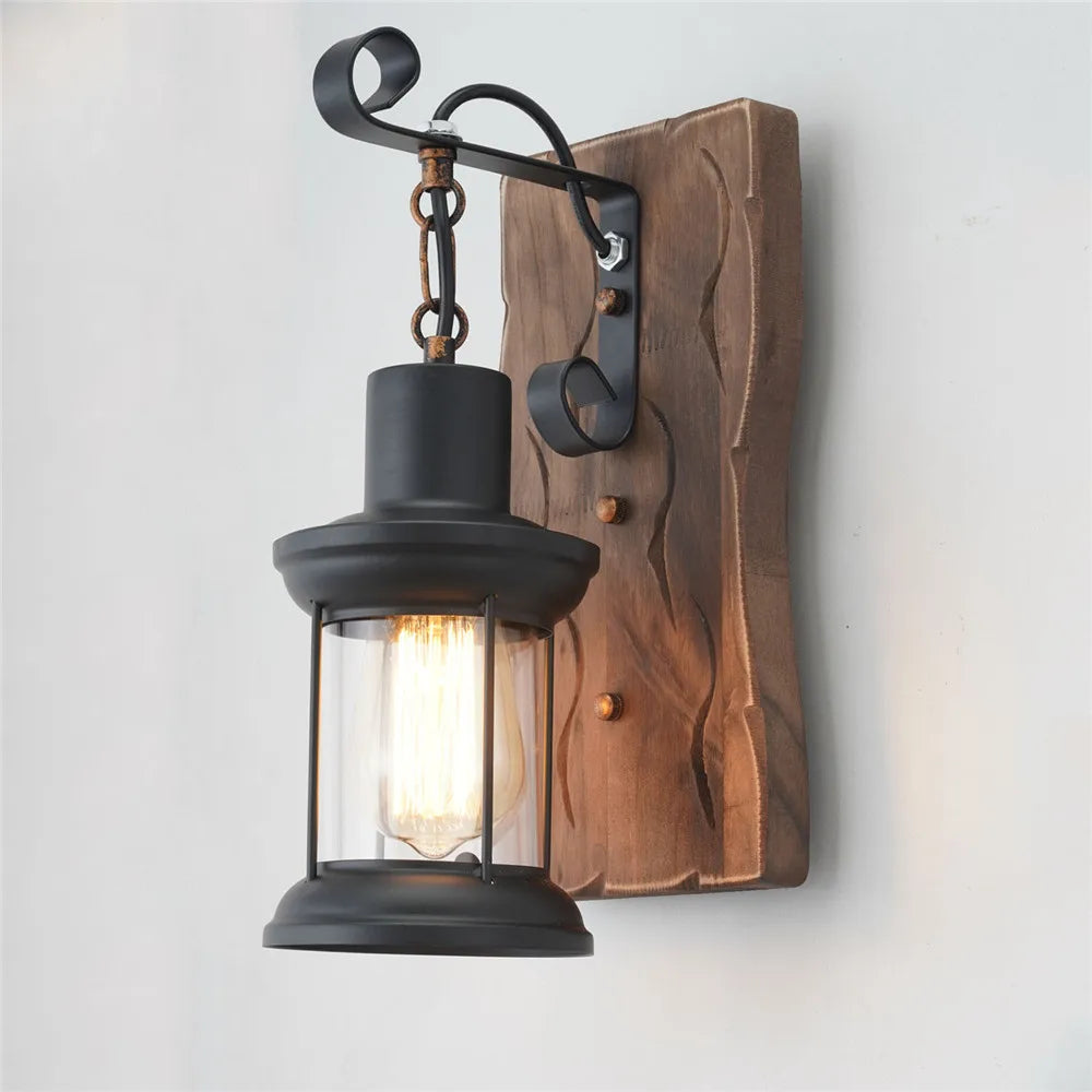applique murale industrielle vintage en bois avec abat-jour en métal et verre