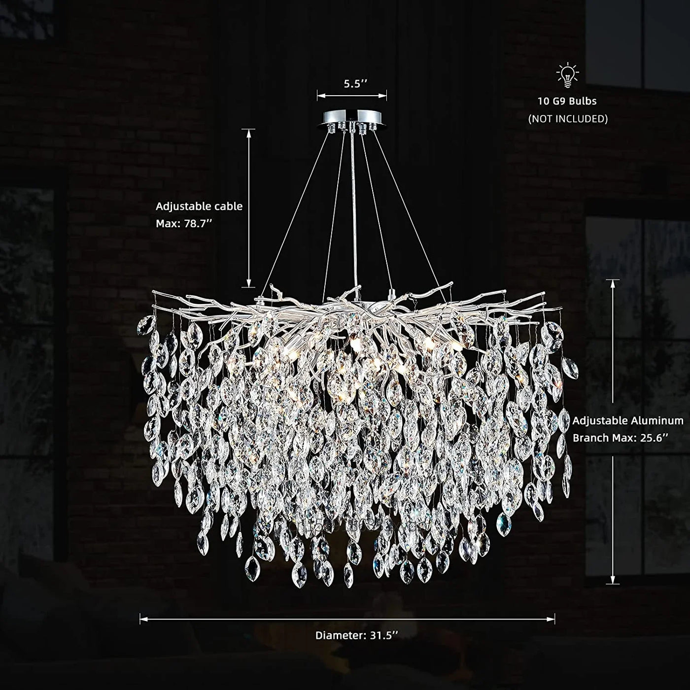 lustre en cristal de luxe avec branches led pour intérieur moderne