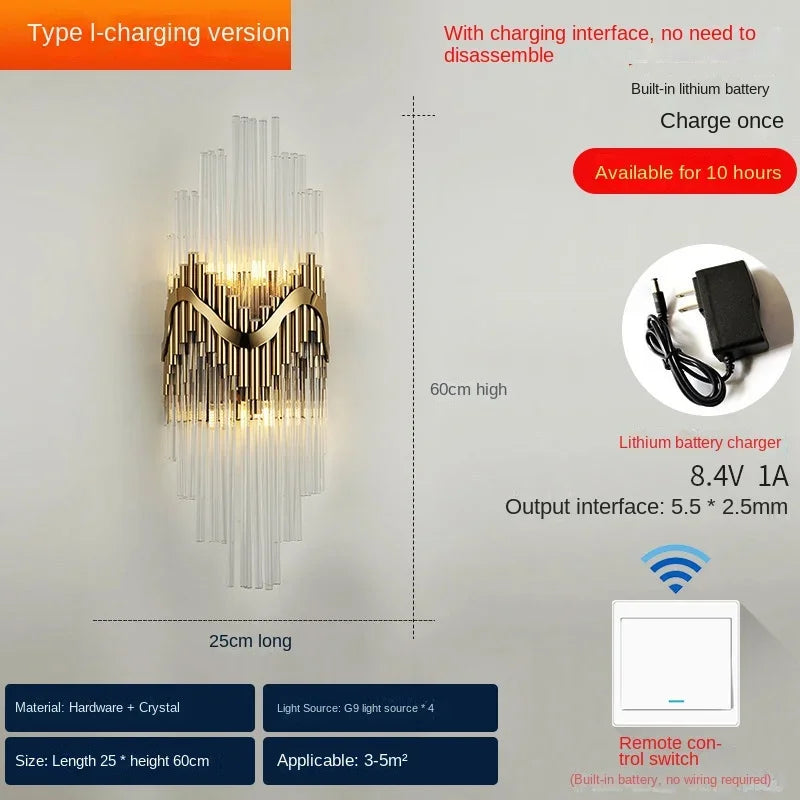 applique murale moderne en cristal rechargeable de luxe