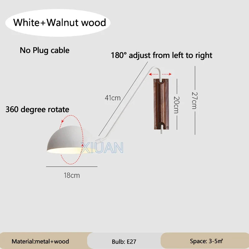 Nordic Bedroom Bedside Wall Lamps Plug In Wall Sconce Black White Iron Lampshade Swing Long Arms Wall Mounted Light E27