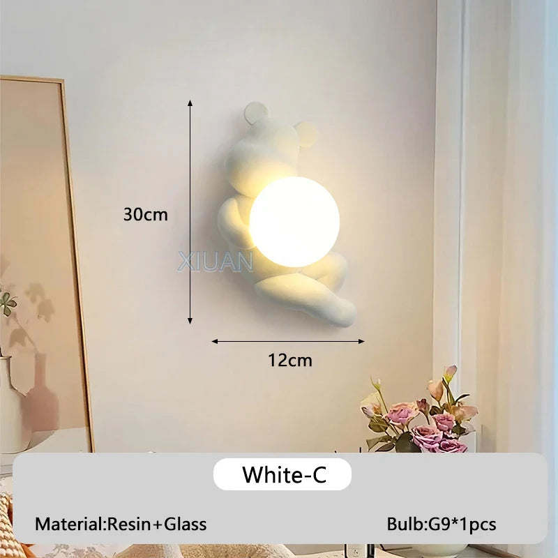 Chrome White Pink Bear Lights Art Design Bedroom Bedside Wall Lamps Resin Animal Glass Sconces Living Room Decorative Wall Light