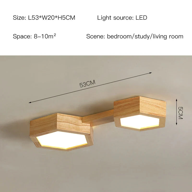 plafonnier en bois design moderne hexagonal avec éclairage LED