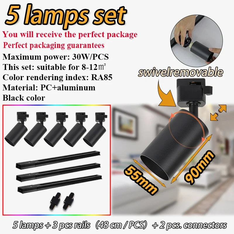 kit d'éclairage sur rail spots dimmables pour décoration intérieure