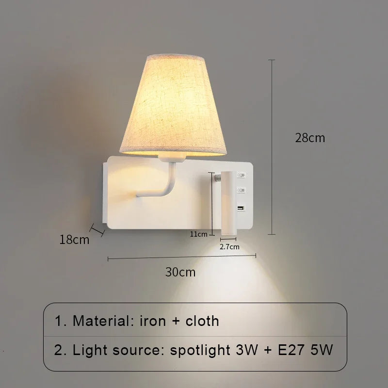 applique murale led nordique moderne avec interrupteur usb pour hôtel