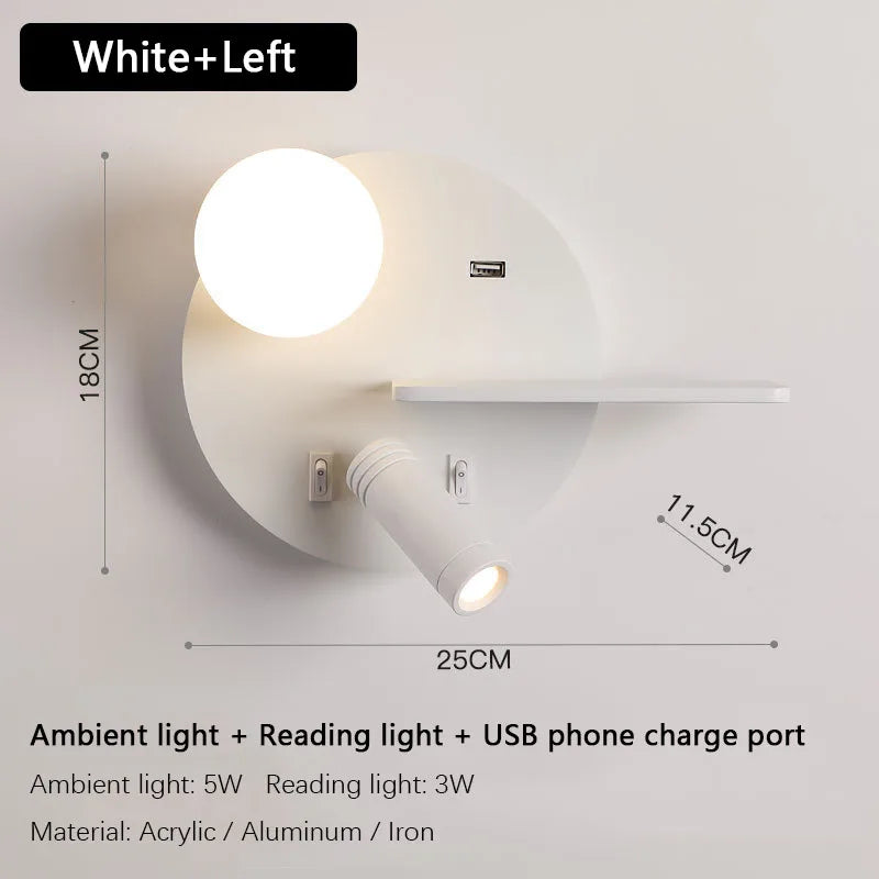 applique murale led avec chargement usb pour téléphone portable