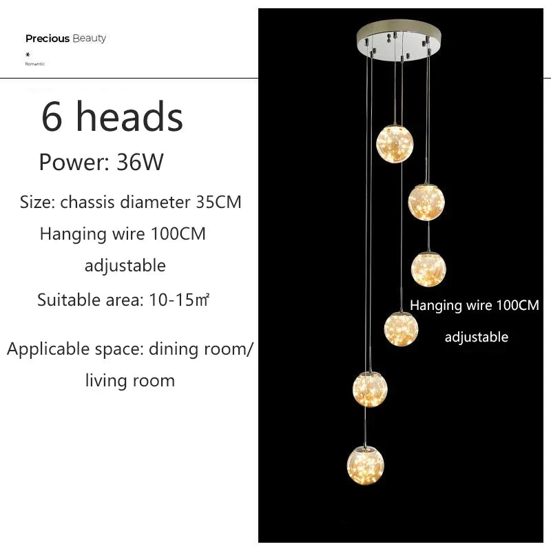 lustre moderne en colimaçon avec éclairage led et boule de cristal