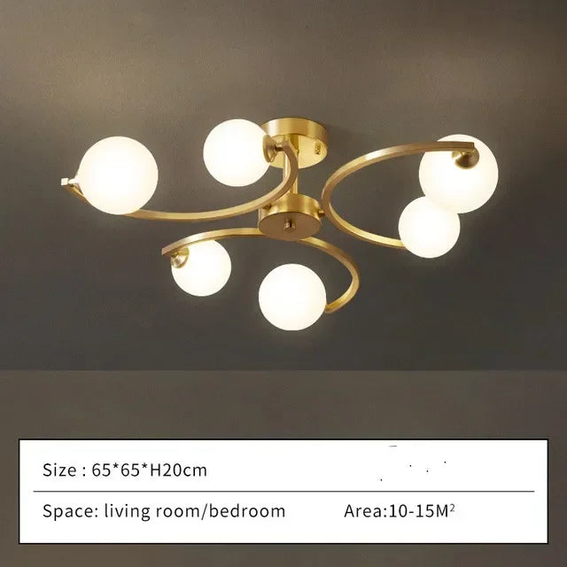 plafonnier moderne en cuivre doré avec boule de verre et led