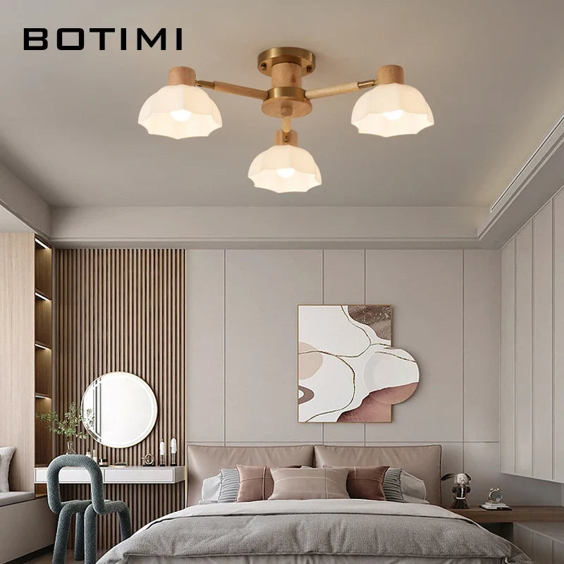 Plafonniers nordiques en bois de caoutchouc avec lampadaires en verre pour salon moderne blanc chaud lumière froide Lustres chambre lampara