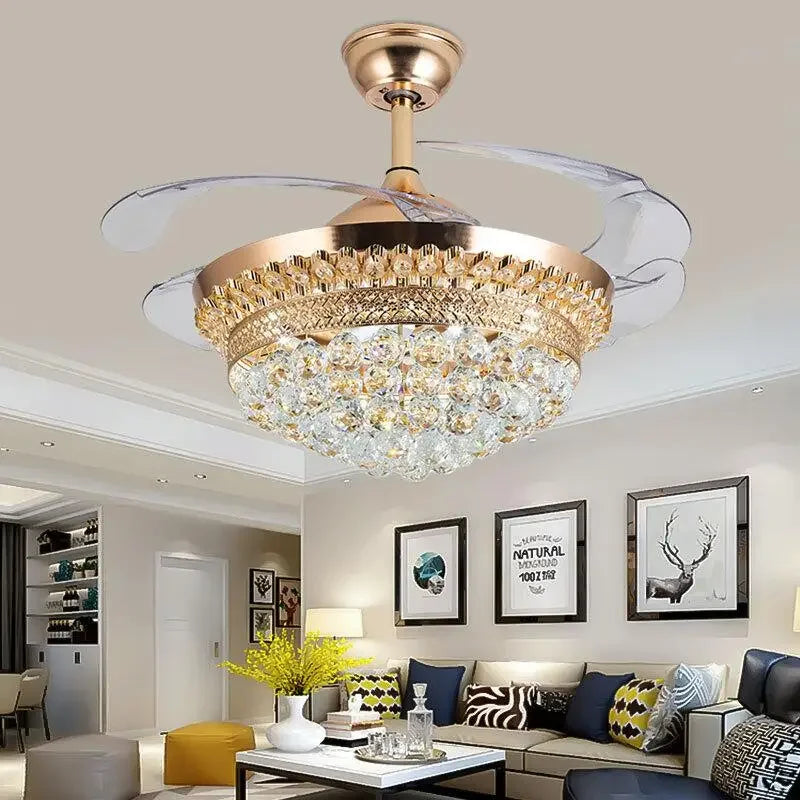 lustre ventilateur chromé en cristal avec lumière led changeante