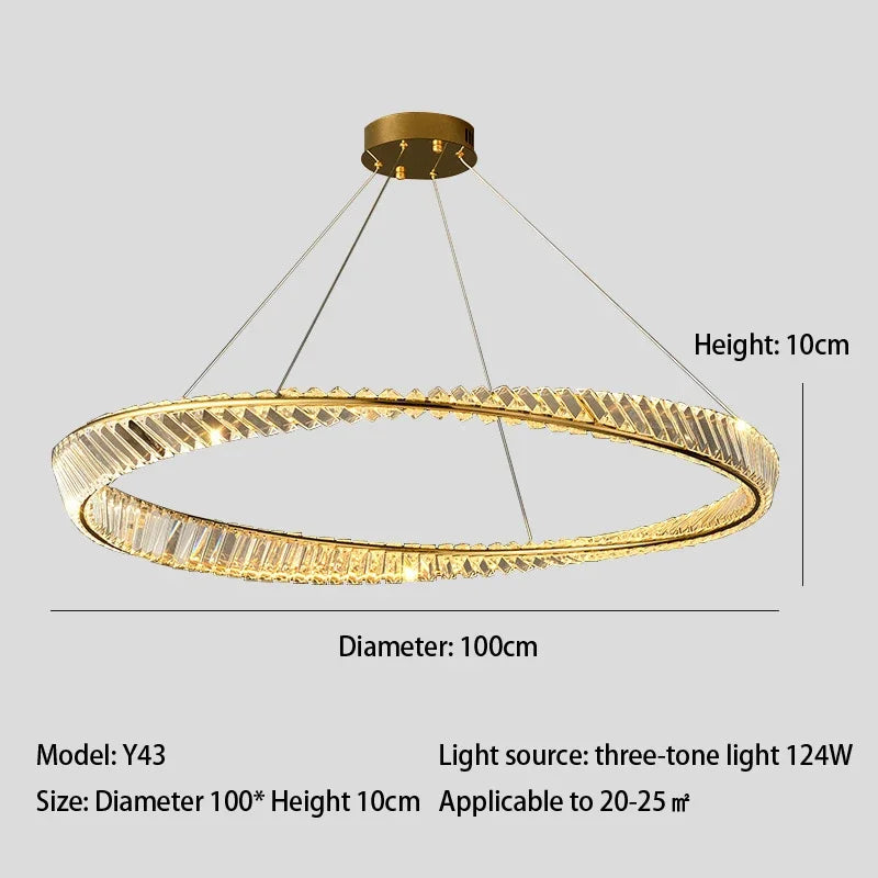 lustre moderne en cristal led avec anneau en acier décoratif