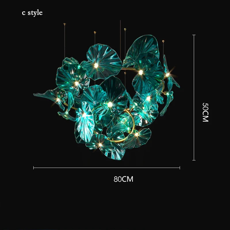 lustre artistique avec feuilles de verre suspendu led pour hôtel